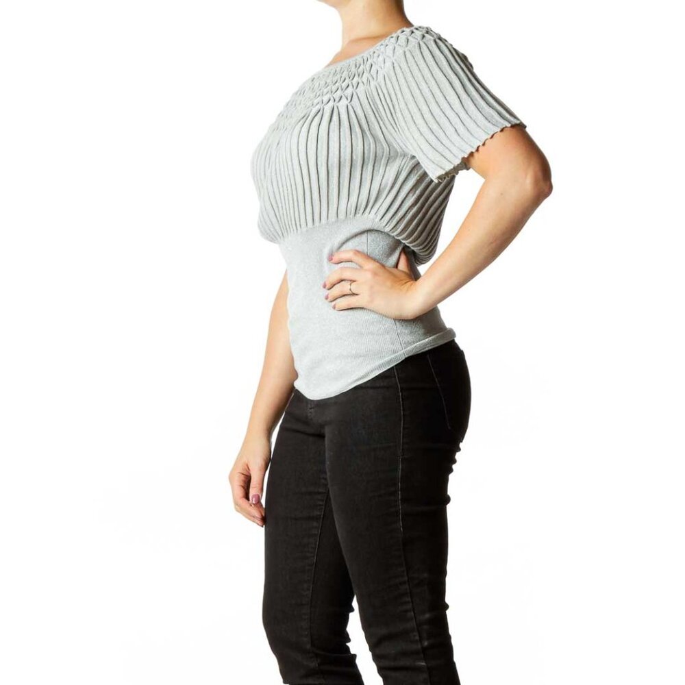 White House Black Market Gray Metallic Bat Sleeve Top - Picture 2 of 3